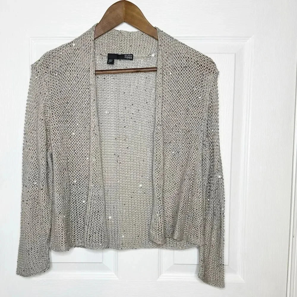 Eileen Fisher Open Knit Sequin-Embellished Cardigan in Light Beige